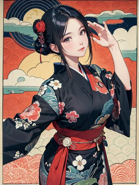 (masterpiece, Highest quality,High resolution, Official Art), (One girl), (Fractal Art:1.1),Bright and vivid color patterns in Japanese clothing、Black hair in a round bun,Traditional Japanese patterned fabric, (Dynamic pose),(Shiny skin), (Many colors:1.4), ( Ukiyo-e background,moon,flower,cloud )