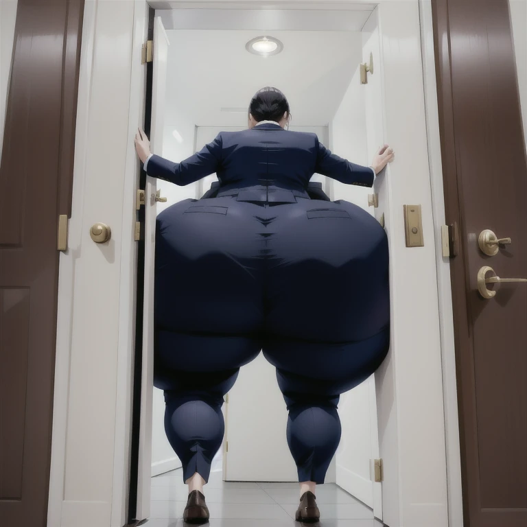 masterpiece, 1girl behind a doorway, from behind, (doorstuck, stuckbehind:1.3), huge hips, round belly, thick thighs, giant butt,colorful clothing, wearing suit and tie and formal pants, upset, desperately trying to wiggle through, she tries to free herself but she won't budge, she is stuck tight view from behind, she is too wide, the doorway is quite narrow too, she is being pushed from behind by a few female coworkers
