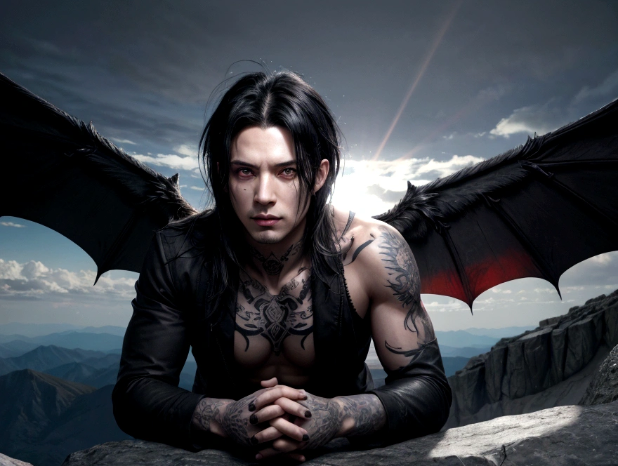 Angel male with 30 years old with ancient alphabet tattoos on his neck, fingernails painted black and red eyes, huge black wings bat, wearing a black suit and barefoot, on top of a mountain, sparkling eyes, black hair, messy hair, hair over eyes, Hyperrealism, god rays, cinematic lighting, backlighting, anime style, UHD, anatomically correct, highres.
