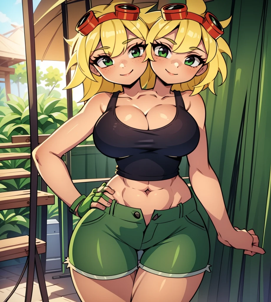 best quality, (masterpiece),(ultra-detailed), (high quality), (high resolution), ((2heads:1.5)), best quality:1.5, highres, UHD, 16K), smiling, highres, masterpiece, (blonde hair), (cleavage), (black short tank top), medium long hair, ((green denim shorts)), lustrous and smooth skin, (mature woman), (black eyes), (cute face), (exposed midriff), seductive silhouette, ((slim hips)), casual dress, sexy proportions, young girl with accentuated slender abs, long legs, seductive woman, lustrous woman, (large breasts), ((detailed eyes)), boots, (red goggles)