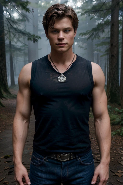 Matt Donovan,Zach Roerig, Teen Wolf, 18 years old, short messy black hair, muscular build, blue eyes, black sleeveless shirt, blue denim vest, dark blue jeans, black belt, colored combat boots light brown, bat pendant, forest background with fog