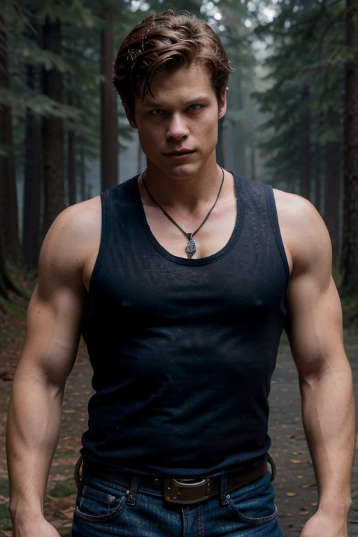 Matt Donovan,Zach Roerig, Teen Wolf, 18 years old, short messy black hair, muscular build, blue eyes, black sleeveless shirt, blue denim vest, dark blue jeans, black belt, colored combat boots light brown, bat pendant, forest background with fog