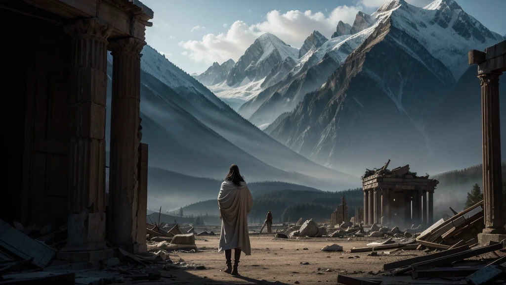 Jesus on the cross, a destroyed place in a dark climate, the veil of the Temple tearing in two, mountains being broken