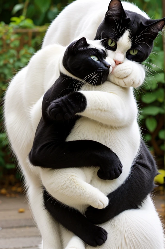 Black cat hugging you with a white cat