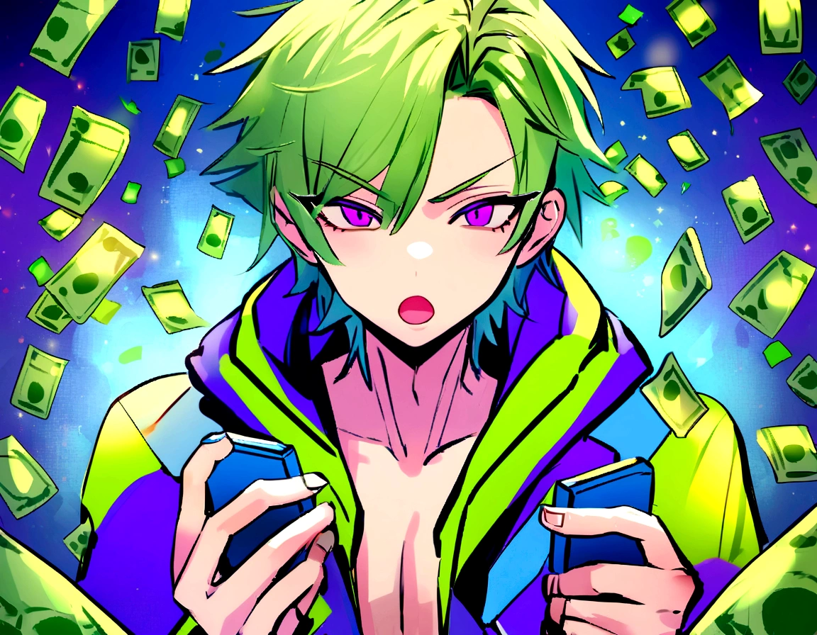 Boy playing video games full of money and with an Akira Toryama-style expression of madness in electric blue colors, Green Lemon, lemon yellow and neon purple. Akira Toryama style