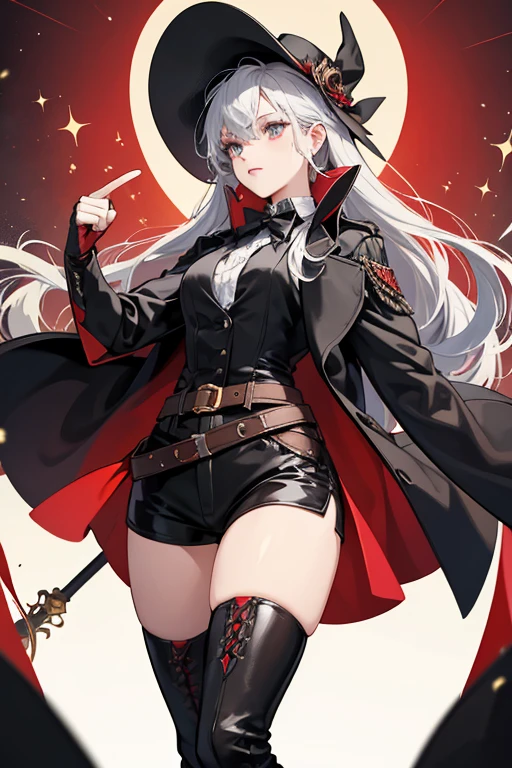 The woman is dressed in an outfit that is a combination of a stage creation of a magician and an assistant. She wears a black hat on her head and a white mask covers her face. She also wears a white shirt with a high collar and a black bowtie in the shape of a club symbol at the neck. The bottom of the shirt, below the chest, is gray, forming a V-shape. Her hips are adorned with a belt, also in the shape of the letter V, decorated with a diamond symbol in red. The woman also dons long, white gauntlets that reach halfway down his arms, decorated with a red heart symbol on the back of the hand. The lower part of the outfit consists of black shorts, fishnet stockings and black boots reaching to mid-thigh. On the middle fingers of both hands, she wears one gold ring with the symbol of cards: on the left hand is a red heart, and on the right hand is a black spade. SPARKLE; GLITTER