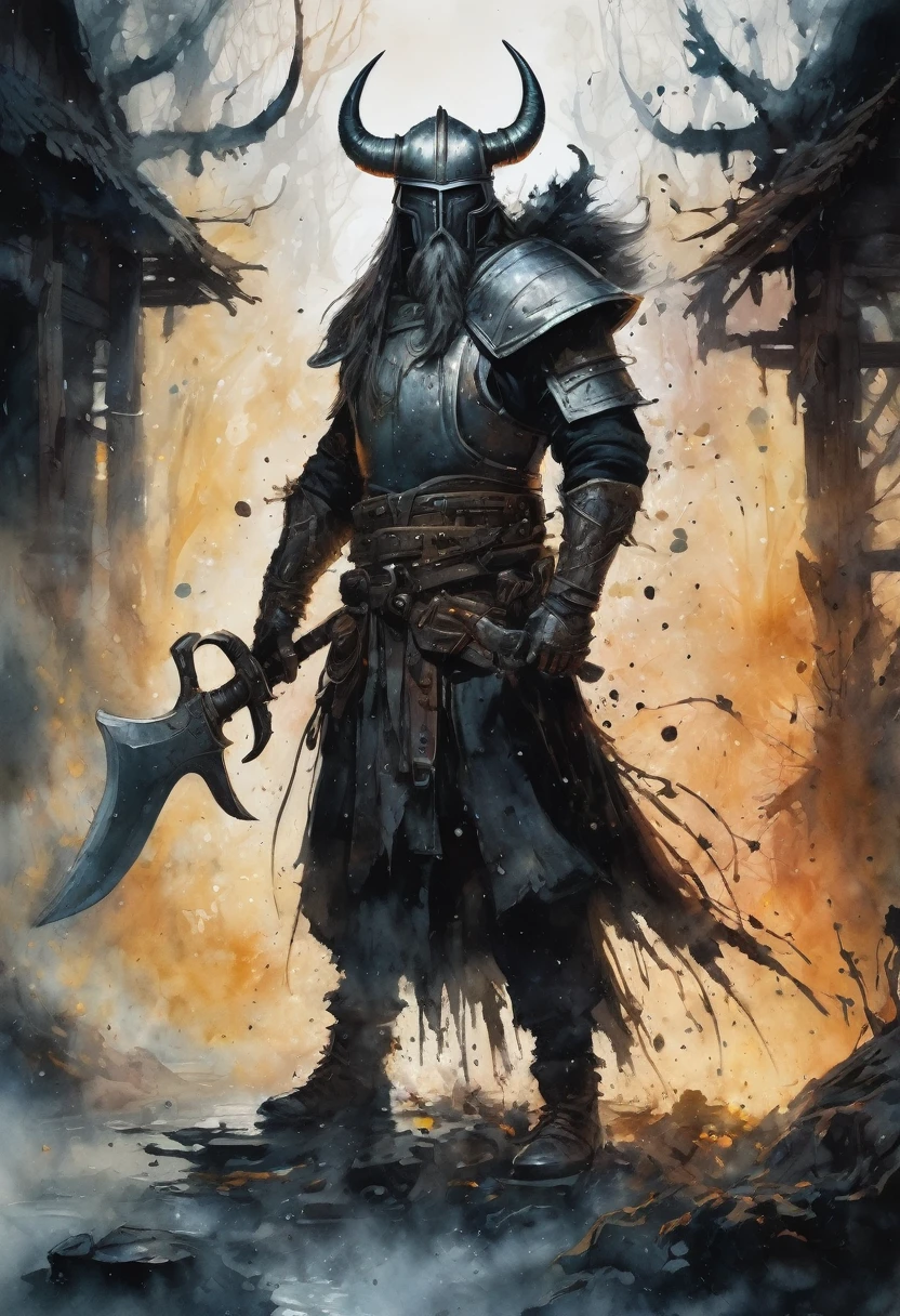 A captivating watercolor splash art illustration of a dark, futuristic Viking blacksmith. The figure has skeletal, metal hands clasped together, exuding an air of mystery. There is a perfect fusion of dark fantasy and industrial gothic elements. Ethereal figures of blight wraiths, pestilence, and decay swirl around the subject, adding a haunting and eerie ambiance. The vibrant colors and intricate details create a striking atmosphere of dark fantasy, making it perfect for a cinematic poster or painting., poster, vibrant, painting, dark fantasy, cinematic
