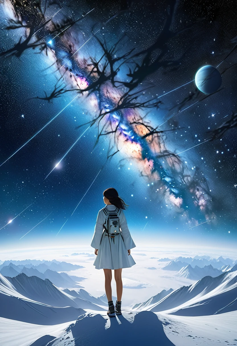 Asian girl in space on alien planet between polar star and Ursa Major