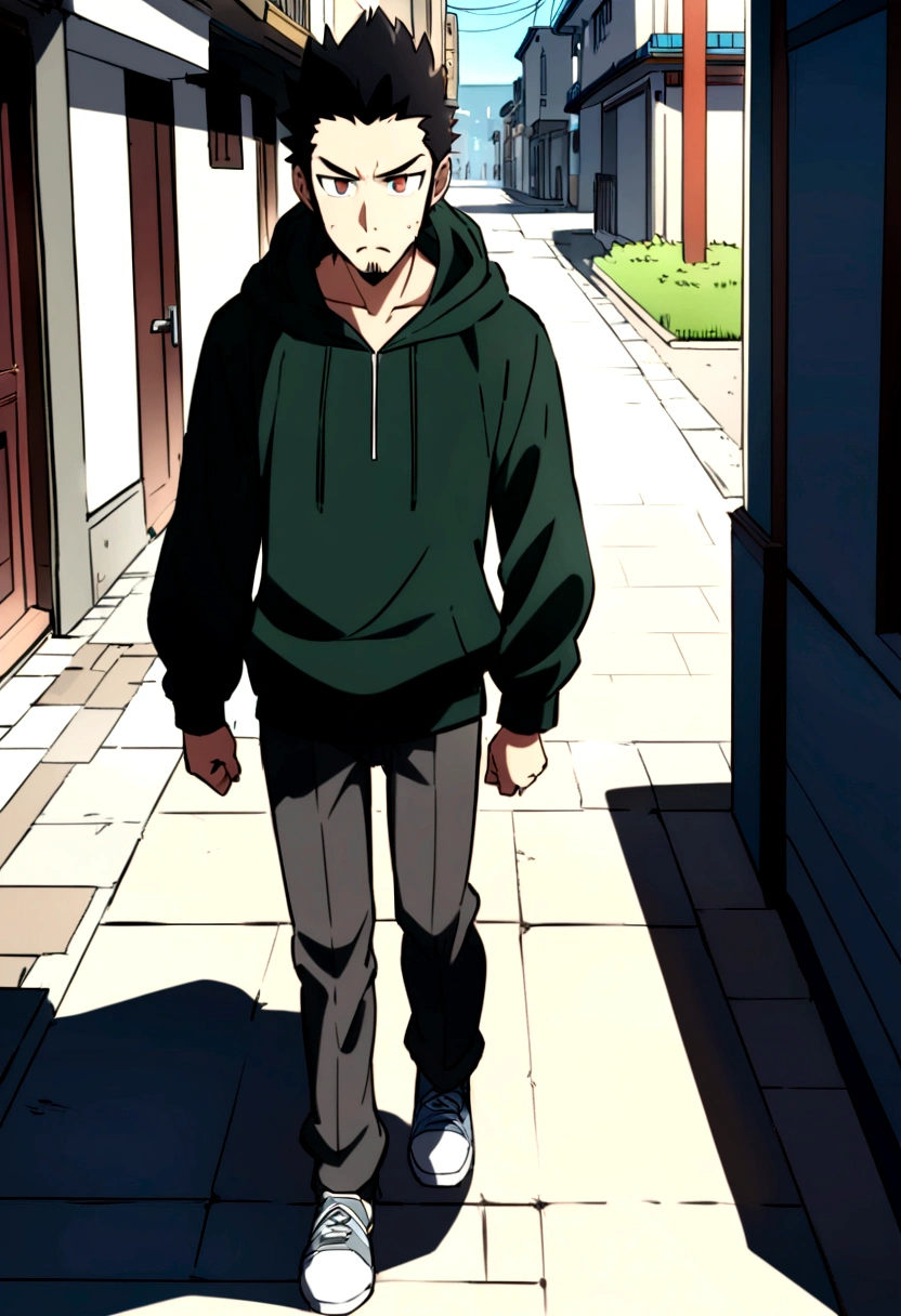 A pale teenager with some acne with very long messy black hair and some visible sideburns, dark brown eyes, a serious/slightly ill humored expression, some facial hair starting to grow, wearing a dark grey Zip-Up Hoodie, comfy dark grey pants, and simple grey shoes, with a dark green t-shirt underneath his hoodie, in anime style, walking a standard anime style street in a shadowed area of the sidewalk in broad daylight, in anime style, examples include 2d Anime styles, make very dramatic and detailed.
