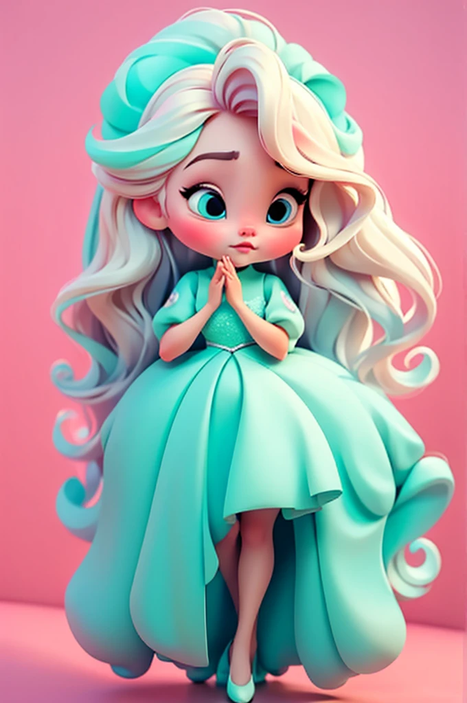 imagem de alta qualidade de uma boneca chibi Ariana Grande: boneca chibi ,illustration,detalhes delicados,Pose encantadora,lovely expression,cores suaves,roupa bonita,cabelos intrincados,beautiful eyes and lips,melhor qualidade,ultra-detalhado,fotorrealista,vivid colors, solid background, profesional lighting, girly accessories, espressiva, headband flowers, blue eyes, ombre hair, long hair, basket of flowers in hands, lovely pose, black eyes, wearing a fairy outfit pastel colors glitter, mint green, pink, and soft purple, exuberant, perfect, centered in the photo with a white background, nitid, fairy vibes, standing, pink flat shoes, vibrant, white background, blonde hair, blonde hair, hair blonde