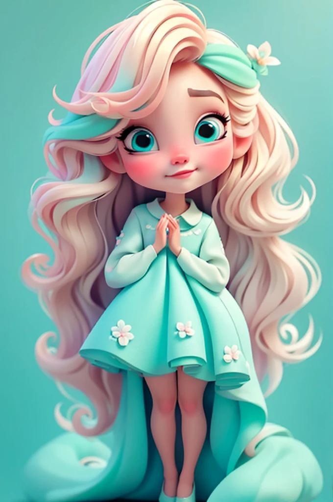 imagem de alta qualidade de uma boneca chibi Ariana Grande: boneca chibi ,illustration,detalhes delicados,Pose encantadora,lovely expression,cores suaves,roupa bonita,cabelos intrincados,beautiful eyes and lips,melhor qualidade,ultra-detalhado,fotorrealista,vivid colors, solid background, profesional lighting, girly accessories, espressiva, headband flowers, blue eyes, ombre hair, long hair, basket of flowers in hands, lovely pose, black eyes, wearing a fairy outfit pastel colors glitter, mint green, pink, and soft purple, exuberant, perfect, centered in the photo with a white background, nitid, fairy vibes, standing, pink flat shoes, vibrant, white background, blonde hair, blonde hair, hair blonde