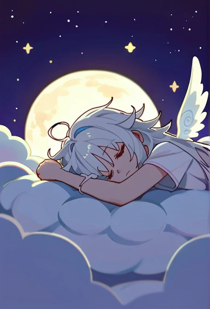 masterpiece, best quality, older woman, score_9,kawaii girl,long fluffy white hair,tiny angel wings,eyesclosed,sleeping on cloud,night,sleep,moon,stars,messy hair