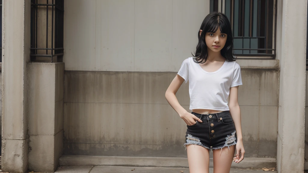 Very young girl of 14 years with curly black hair, hyperwhite skin, he would be, very thin, white short sleeve shirt, with black vest with gold buttons, long, ripped and ripped skinny jeans at the knees, black tennis shoes with white sole, short socks, cara circular, very short, standing, 8k, magazine photography