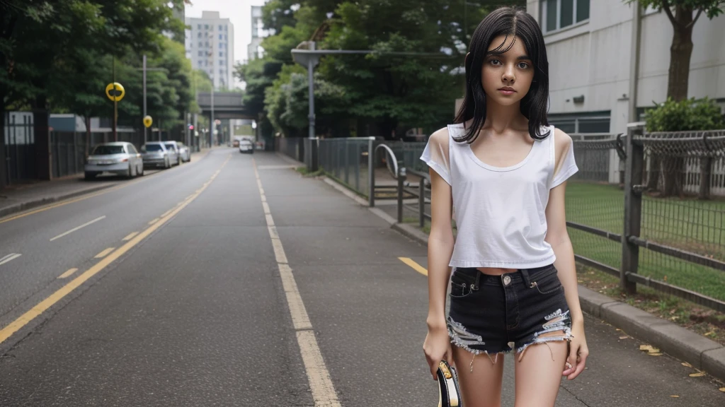 Very young girl of 14 years with curly black hair, hyperwhite skin, he would be, very thin, white short sleeve shirt, with black vest with gold buttons, long, ripped and ripped skinny jeans at the knees, black tennis shoes with white sole, short socks, cara circular, very short, standing, 8k, magazine photography