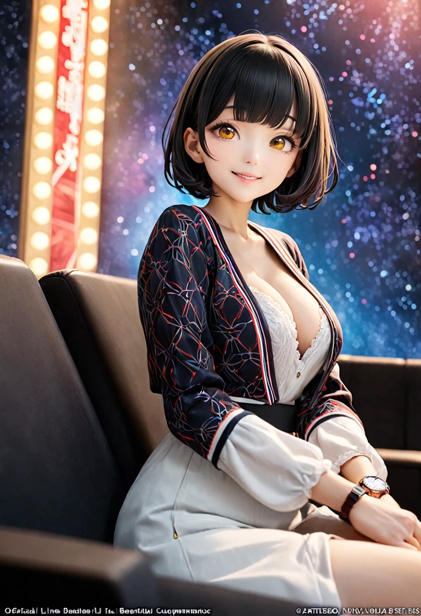 (masterpiece, Highest quality, Highest quality, Official Art, beautifully、aesthetic: 1.2), Dating with viewers, cinema, Dark Space, Sitting, Watch a romantic movie, 1 Girl, Black Short Hair, Yellow Eyes,Long sleeve, bangs, smile, Upper Body, Cleavage, Attention to detail, Supreme detail, playful pattern, Vivid texture, Unique visual effects, From the side,