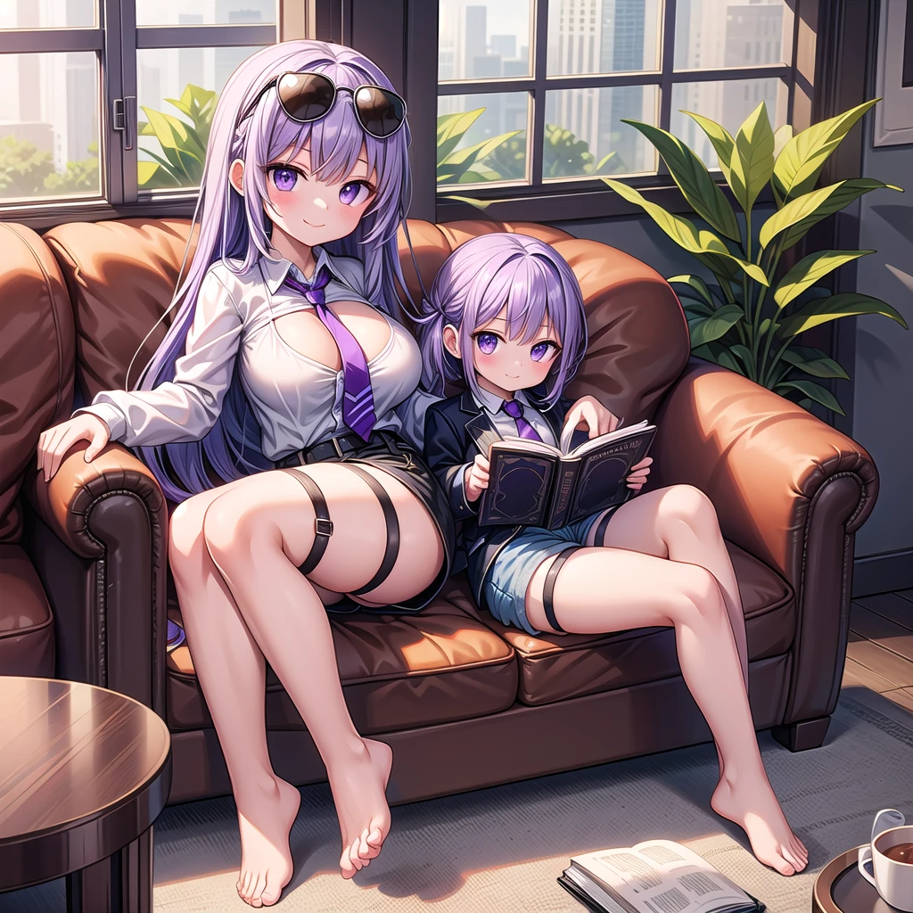 1girl, solo, long hair, breasts, looking at viewer, blush, smile, bangs, large breasts, shirt, long sleeves, holding, cleavage, sitting, closed mouth, purple eyes, jacket, full body, white shirt, purple hair, thighs, necktie, shorts, barefoot, collared shirt, indoors, feet, legs, book, bare legs, window, thigh strap, toes, soles, sunglasses, plant, couch, eyewear on head, holding book