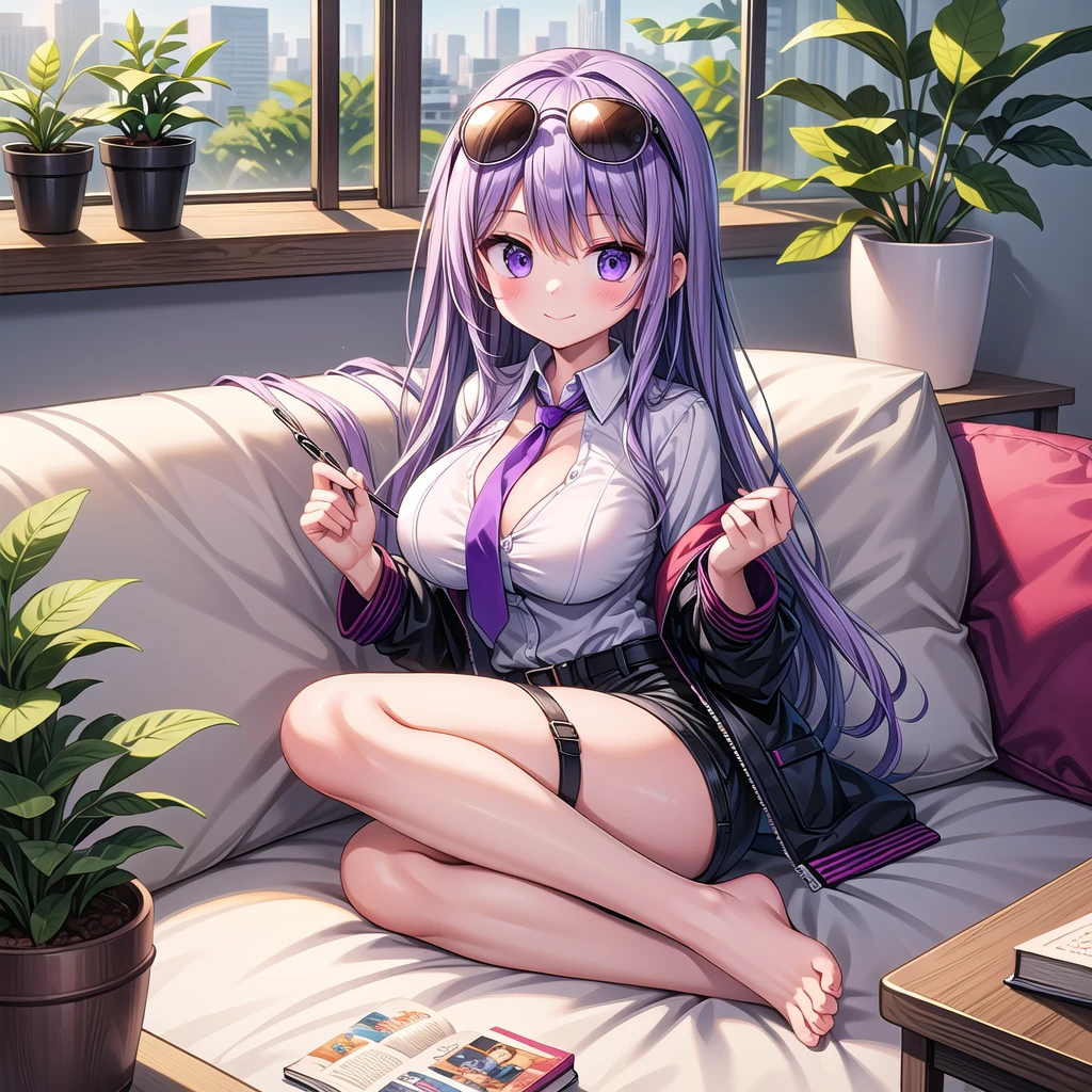 1girl, solo, long hair, breasts, looking at viewer, blush, smile, bangs, large breasts, shirt, long sleeves, holding, cleavage, sitting, closed mouth, purple eyes, jacket, full body, white shirt, purple hair, thighs, necktie, shorts, barefoot, collared shirt, indoors, feet, legs, book, bare legs, window, thigh strap, toes, soles, sunglasses, plant, couch, eyewear on head, holding book