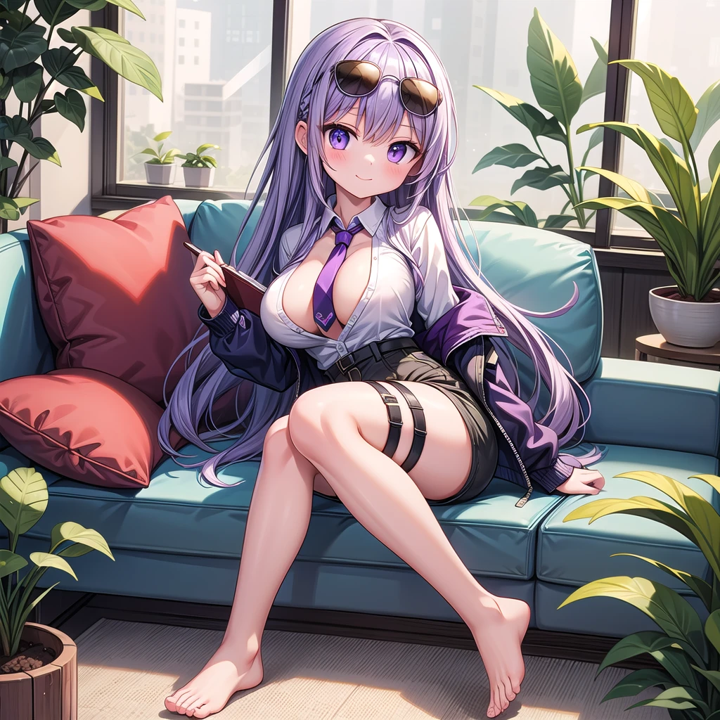 1girl, solo, long hair, breasts, looking at viewer, blush, smile, bangs, large breasts, shirt, long sleeves, holding, cleavage, sitting, closed mouth, purple eyes, jacket, full body, white shirt, purple hair, thighs, necktie, shorts, barefoot, collared shirt, indoors, feet, legs, book, bare legs, window, thigh strap, toes, soles, sunglasses, plant, couch, eyewear on head, holding book