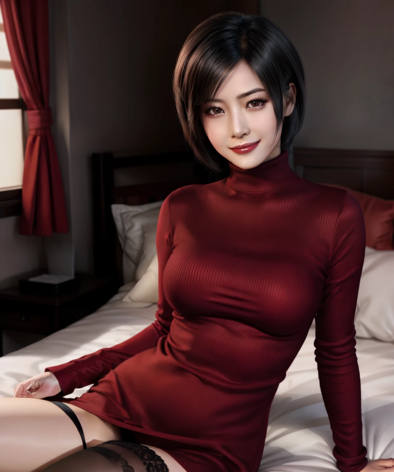 a woman, ada wong, red turtleneck, sitting, bed, grin, looking at viewer,