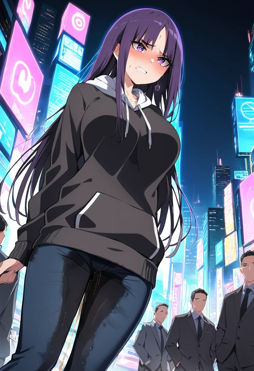 (masterpiece:1.37), best quality, (extremely detailed:1.37), (1girl:1.5), woman, (mature:1.5), (adult:1.5), large breasts, very long hair, (straight hair:1.5), (very dark purple hair:1.5), purple eyes, (extremely detailed eyes:1.37), hoodie, jeans, desperation, (wetting self:1.5), standing, embarrassed, humiliation, blushing, angry, city, futuristic, neon lighting, high-tech, street, skyscraper