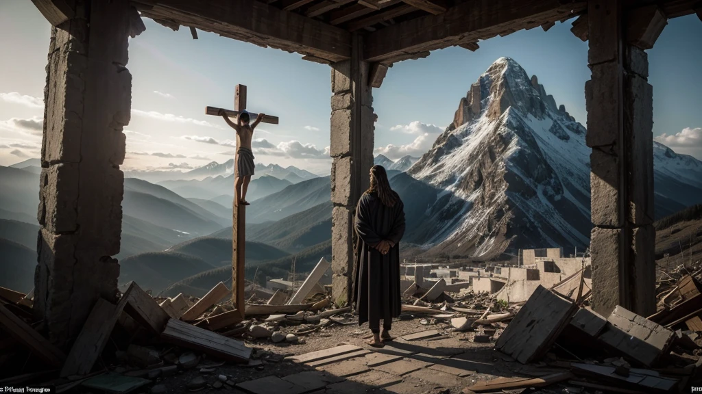 Jesus on the cross in a destroyed place in a dark climate, the veil of the Temple tearing in two, mountains being torn apart