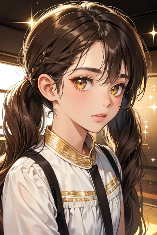 tan skin, messy dark brown hair pulled back into two pigtails, gold eyes, and two upper front buck teeth. SPARKLE; GLITTER