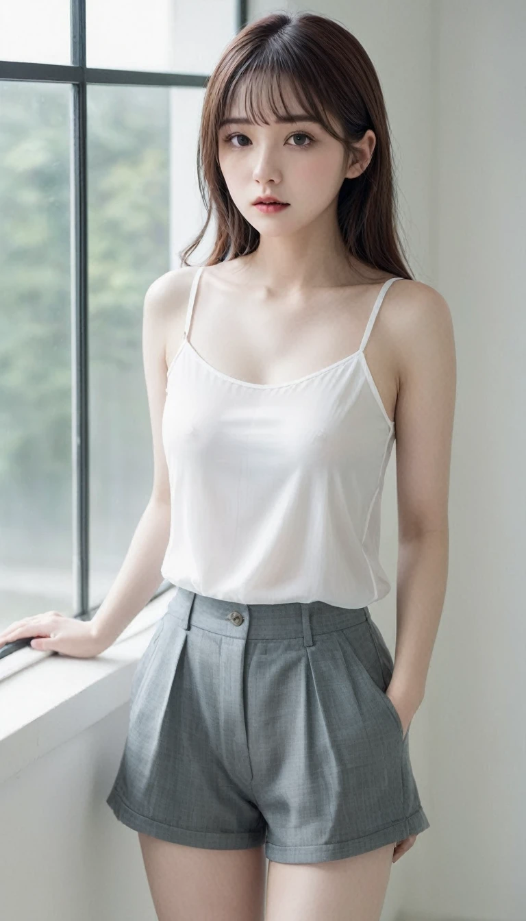 Low Leg、Low rise、Fearful expression、(((Realistic images)))、Translucent white skin、White camisole、((girl'The upper body is visible))、the skin is transparent、Make the expression more realistic、thin, soft and smooth hair、Highlight wrinkles in clothing、Highest quality、High resolution、Extremely detailed 8K、 (Ultra HD、Very detailed、Very detailed、とてもRealistic、Ultra-realistic、Realistic)、One Girl、One thumb、View 4 books、The underwear you are wearing is very soft and pleasant to the touch.....、Stagnation、スリムな体を持つ美しいgirl、Waist-length platinum blonde hair、Grey Eye Room、Chic monochrome room、Foliage plant