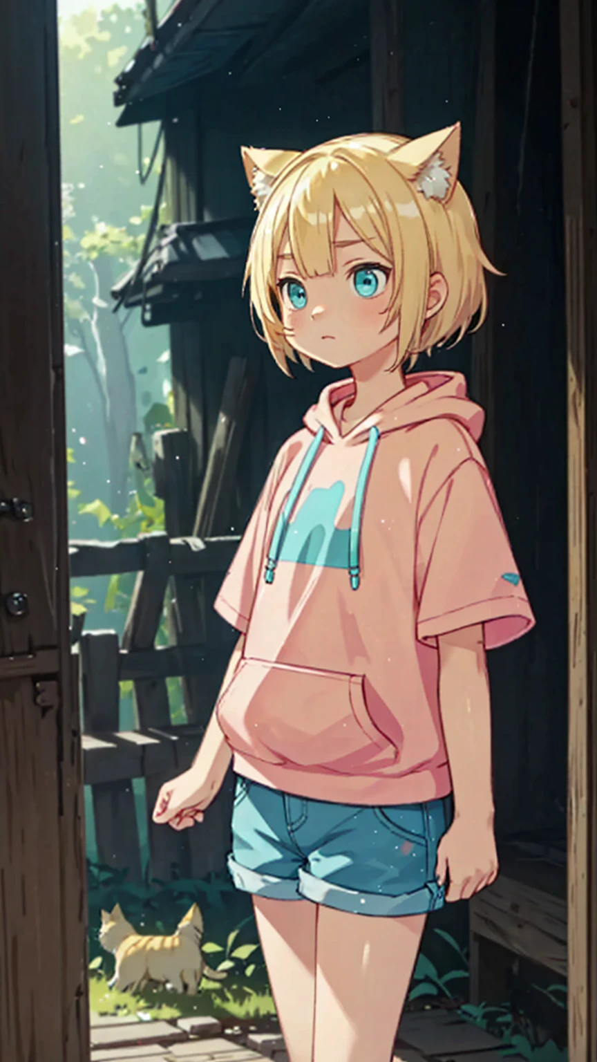 Plain pink short sleeve hoodie。Turquoise Eyes、8-year-old girl, (Eye color is turquoise), SFW,
Blonde Hair、Short Hair、Cat ear、(Blonde :1.5),
White skin, Wooden village, (Flat Chest), Denim shorts,
outside, bright,, Plain pink short sleeve hoodie,I tried drawing a belly button in the style of Made in Abyss,
Soft lighting and detailed environments、Create immersive environments that inspire your imagination、Delivering high quality visuals, Dim lighting, Sharply focused, Octane Rendering, 8K Ultra HD