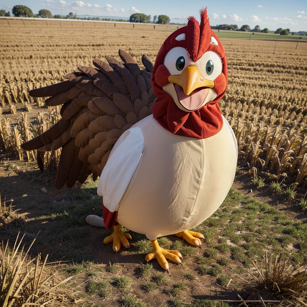 ((Best Quality)), ((Cartoon)), 1 man, happy, greeting, cartoon giant chicken costume, simple background, Field, funny, vivid colors, Alone