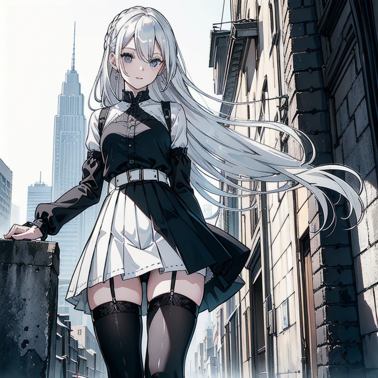 1 girl, (Masterpiece, Best quality, ultra high resolution), Silver hair, Pale skin, Beautiful detailed face, Detailed eyes, posing on a white background, Dynamic lighting, dynamic shadowing, looking at viewer, White stone punk fashion,(Posing for a photo),((White clothes)), (((black thigh highs))), jean shorts, skirt, white sweater, ((Blue eyes)), happy, smiling, black straps, black strap design, ((Long white hair)), energetic, cheerful, cityscape background, (((long black sleeves))), ((long black sleeves)), black sleeves