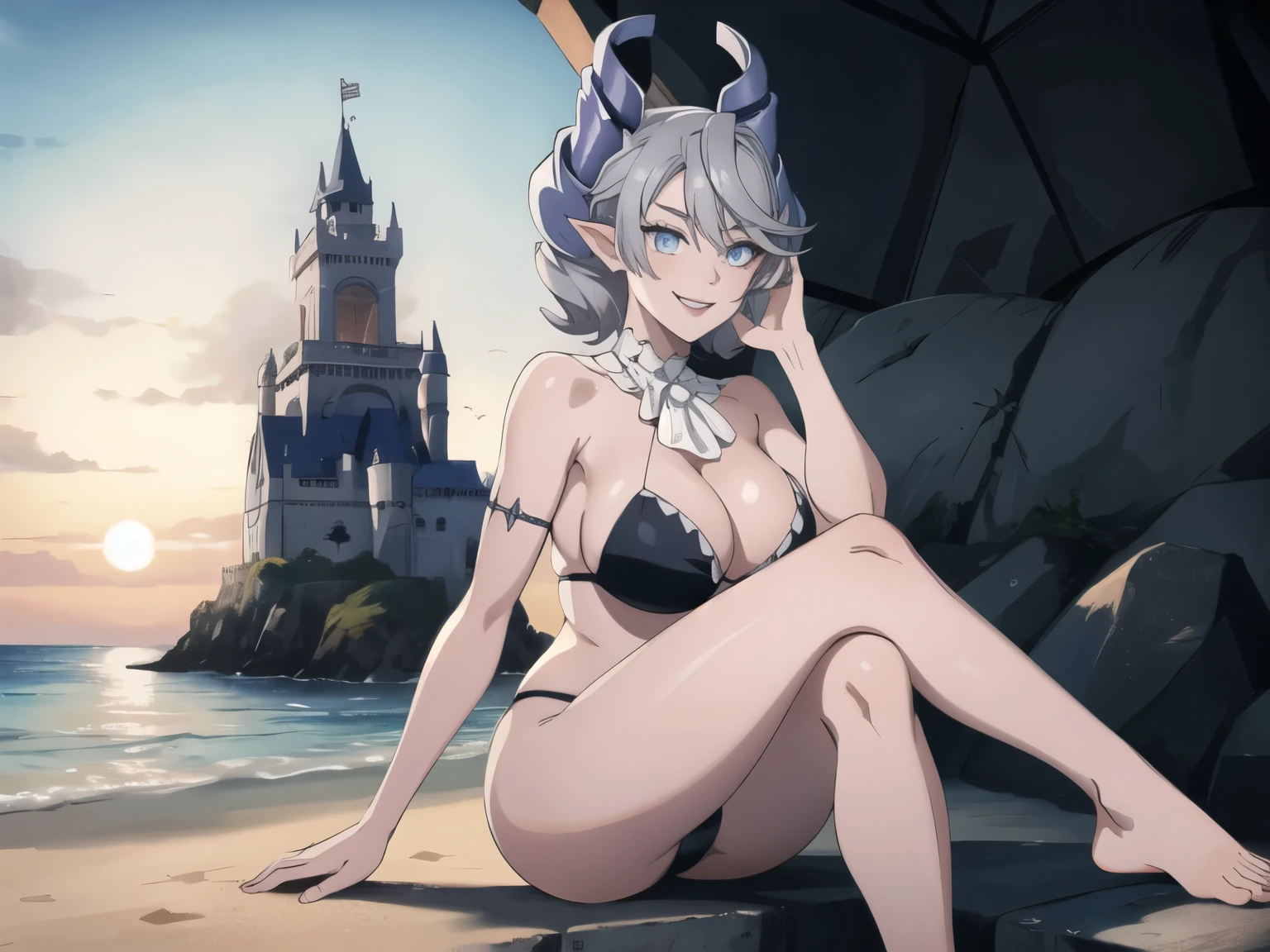 Beautiful arts wallpaper Sunset Outside castle top  High level image quality　best image quality　8K　 adult woman   silver castle outside  more colors   whole body view　portrait　 wearing pure black bikini   　horn    ears  　short hair（（shortcut）（gray hair）（perm）（fluffy））　eye color is blue ,  , 　attractive evil face , smile   ,  beach   ,  labrynth       , barefoot , teasing with her breast,   , sitting with crossed legs  ,  big waves