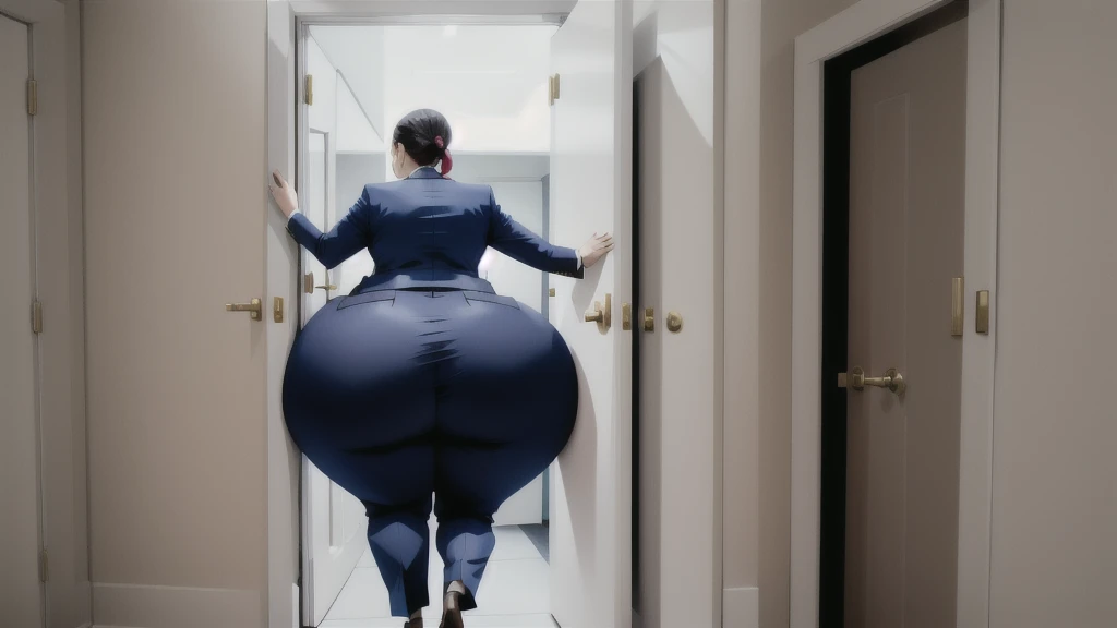 masterpiece, 1girl behind a doorway, from behind, (doorstuck, stuckbehind:1.3), huge hips, round belly, thick thighs, giant butt,colorful clothing, wearing suit and tie and formal pants, upset, desperately trying to wiggle through, she tries to free herself but she won't budge, she is stuck tight view from behind, she is too wide, the doorway is quite narrow too, she is being pushed from behind by a few female coworkers