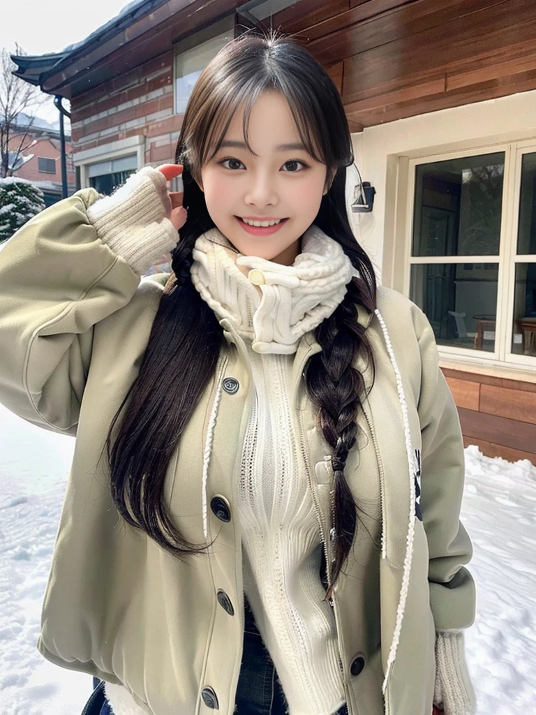 (A photo of a super cute Korean schoolgirl wearing a down jacket:1.2)(grin,smile:1.1)(Beautiful Sweat:1.1)(16K, RAW Photos, Highest quality, masterpiece: 1.2),(A cute braid of shiny black hair) Super detailed, Super Resolution, (Genuine, Genuine photos: 1.37), Portraiture, High-resolution RAW color photos, Professional photos, Very detailed, 8k wallpaper, Very detailed CG Unity 8k wallpaper, Very detailed beautiful girls, Very detailed faces, ((whole body)), beautiful woman, Huge breasts,(huge boobs:1.1) (Big Boobs:1.1), beautiful (Wear a down jacket),high school girl, Korean Girls,(K-POP Female Idols), (Idol-class beauty)(Beautiful high school girl:1.1)(Large icicles in front of a house in heavy snow)(17 years old)(North Face down jacket over a tight sweatshirt:1.1)Wearing a fluffy scarf and hand-knitted gloves