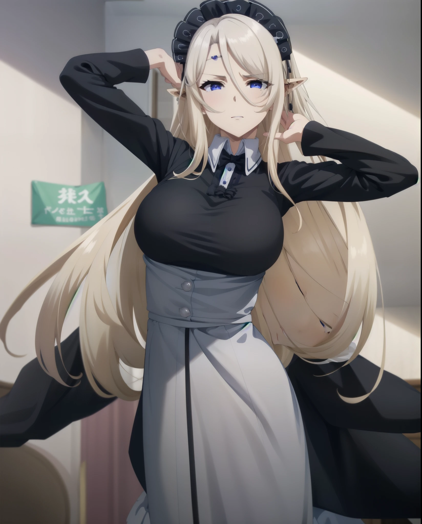 best quality, from below, log angle, intenseglare, disgust, shaded_face, shadow_over_eyes, glaring, looking down at the viewer, long platinum hair,blue eyes,pointy ears,elf,,masterpiece, highres, solo, (maid:1.40), (long maid dress:1.15), anime_style, 14
