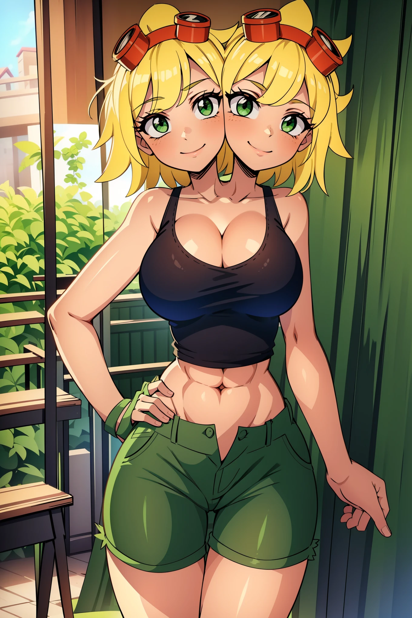 best quality, (masterpiece),(ultra-detailed), (high quality), (high resolution), ((2heads:1.5)), best quality:1.5, highres, UHD, 16K), smiling, highres, masterpiece, (blonde hair), (cleavage), (black short tank top), medium long hair, ((green denim shorts)), lustrous and smooth skin, (mature woman), (black eyes), (cute face), (exposed midriff), seductive silhouette, ((slim hips)), casual dress, sexy proportions, young girl with accentuated slender abs, long legs, seductive woman, lustrous woman, (large breasts), ((detailed eyes)), boots, (red goggles)
