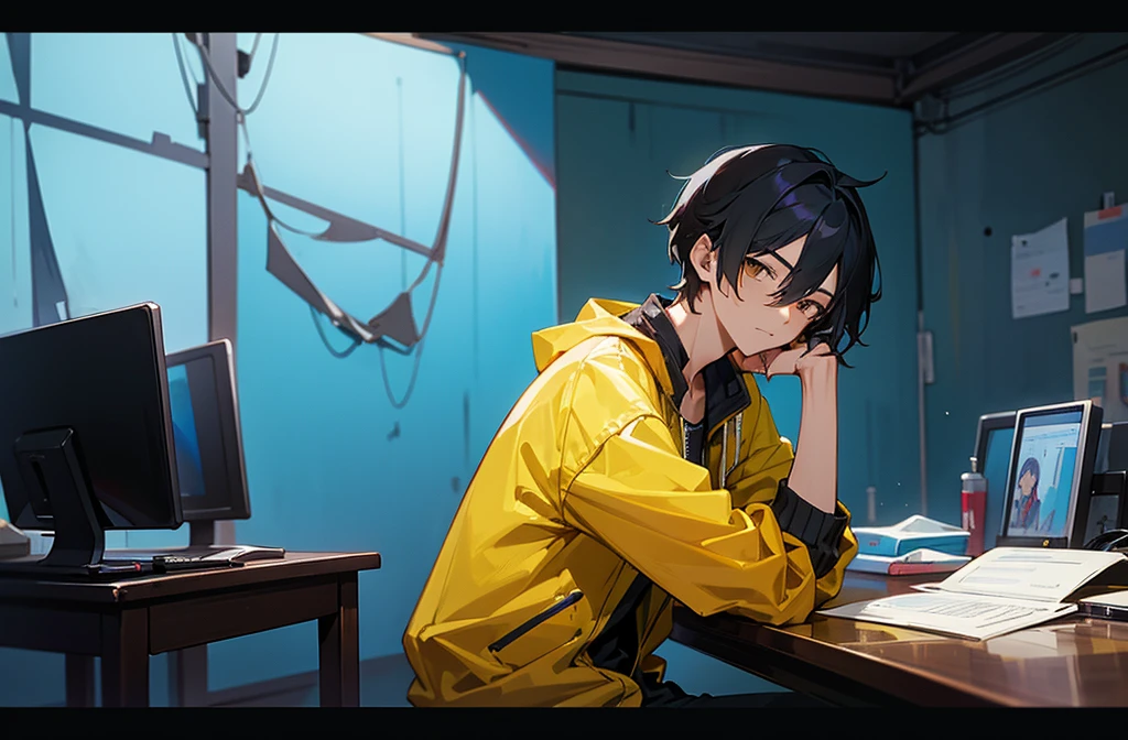 Create 2D Anime Picture of A single handsome anime boy is sitting on a chair in studio andlooking straight ahead, there is a table in front of him and a laptop and mic are kept on the table. The boy is wearing a yellow hip-hop jacket and behind him is a studio room in which blue and red neon lights are installed and a painting frame is placed on the wall and some gadgets are also kept.