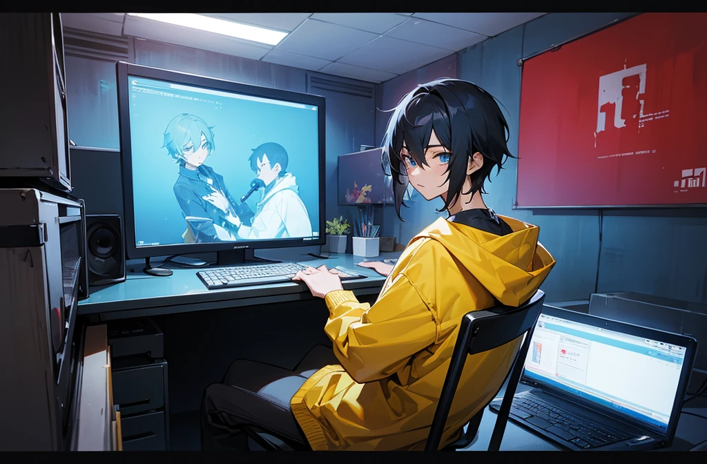 Create 2D Anime Picture of A single handsome anime boy is sitting on a chair in studio andlooking straight ahead,  there is a table in front of him and a laptop and mic are kept on the table. The boy is wearing a yellow hip-hop jacket and behind him is a studio room in which blue and red neon lights are installed and a painting frame is placed on the wall and some gadgets are also kept.