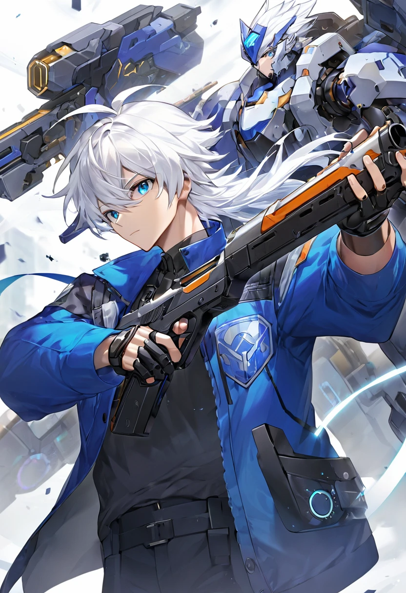 1man, white hair, 1mech arm, holding pistol, blue eyes, tech wear, jacket
