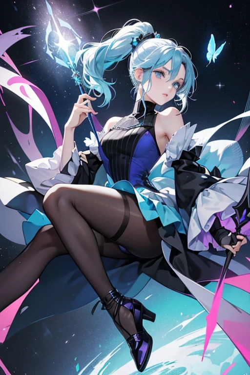 Puppeteer's skin was blue-violetish gray, and her eyes were strong orange with vivid fuchsia sclerae. Her hair was black, the tips of her ponytails pale, light grayish cerulean with long white spikes sticking out of each. She wore a black mask over her eyes. She also wore a black turtlenecked fairy dress, light cyan V-necked sleeveless blouse with pale, light grayish cerulean design and two points at the skirt top, and matching butterfly sleeves with black edges over black puff sleeves at her shoulders with light brilliant arctic blue zigzag ends. Long, black, fingerless gloves adorned her hands. On her legs and feet, she had black stockings and shoes that are connected to them. Her wand was black with a black star at the end. The tip of the handle and the tips of the points of the star were light arctic blues. SPARKLE; GLITTER