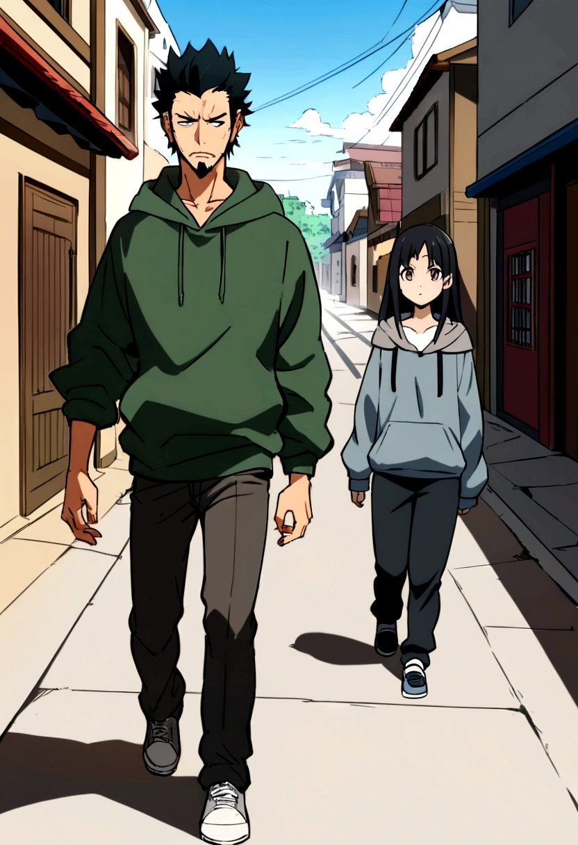 A pale teenager with some acne with very long messy black hair and some visible sideburns, dark brown eyes, a serious/slightly ill humored expression, some facial hair starting to grow, wearing a dark grey Zip-Up Hoodie, comfy dark grey pants, and simple grey shoes, with a dark green t-shirt underneath his hoodie, in anime style, walking a standard anime style street in a shadowed area of the sidewalk in broad daylight, in anime style, examples include 2d Anime styles, make very dramatic and detailed.