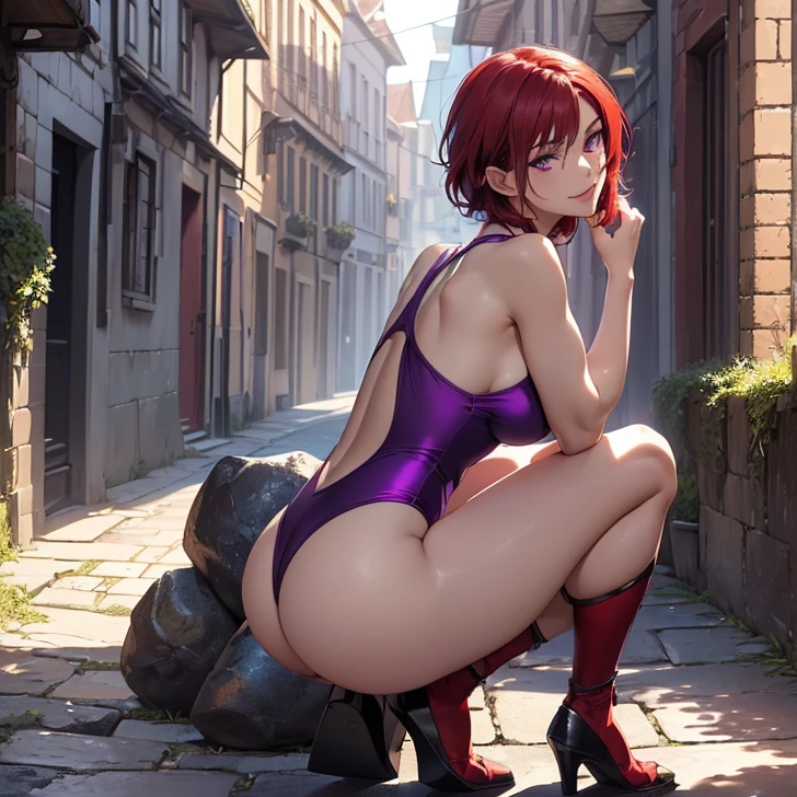 (absurdres, high fantasy artwork, best high quality image, carefuly detailed, very detailed features and textures, detailed color, detailed character, solo alone, back view)
{{(1character: 20 years old barbarian girl: (scarlet red red red short hair), (purple eyes with black pupils), (very thin lips, white skin, slender figure, medium breasts, huge rounded butt, beautiful arms, broad shoulders, beautiful legs), (simple purple one-piece swimsuit), (crouched with seductive pose, kind smile, sense of humor), (Scenery: medieval irish street celtic forniture)}}