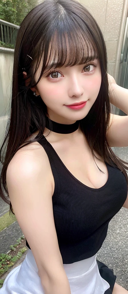 (realistic, high resolution:1.3), (face close up), 1 girl with perfect figure, super fine face and eyes, black hair,medium hair, tank top: 1.2 in random colors, short、skirt, bridge, big breasts, cleavage, choker, smile、selfie