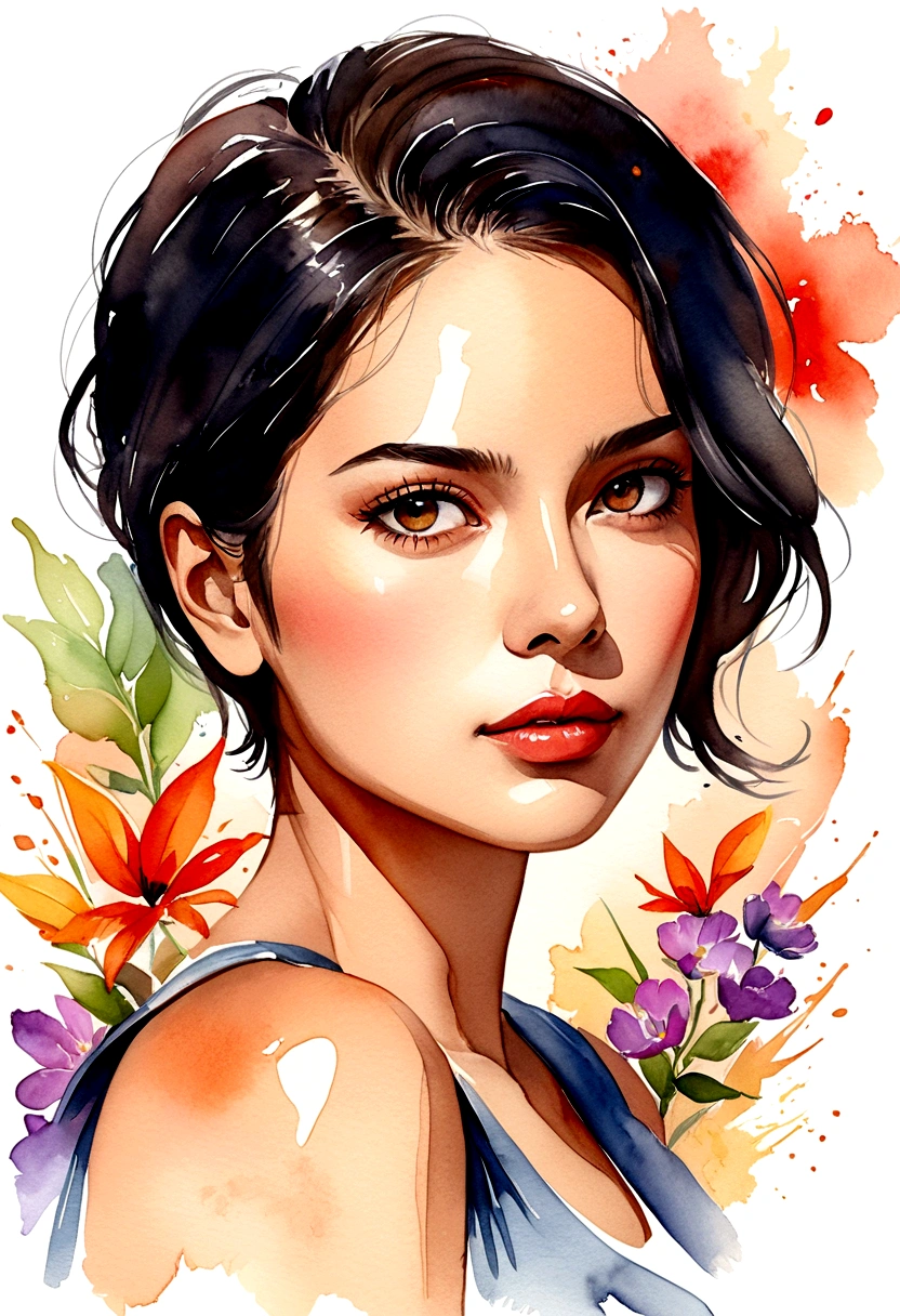 a latin woman with short hair, slickedback hair, a white background, Watercolor painting, digital art portrait, beauty woman with natural faces, Bela arte UHD 4K, digital illustration portrait, scribbled digital illustration, expressive feminine face, beautiful minimalist drawing style, digitalpainting, arte de digitalpainting, watercolor illustration style, digitalpainting em aquarela, digital art picture, painting digital art, watercolor style