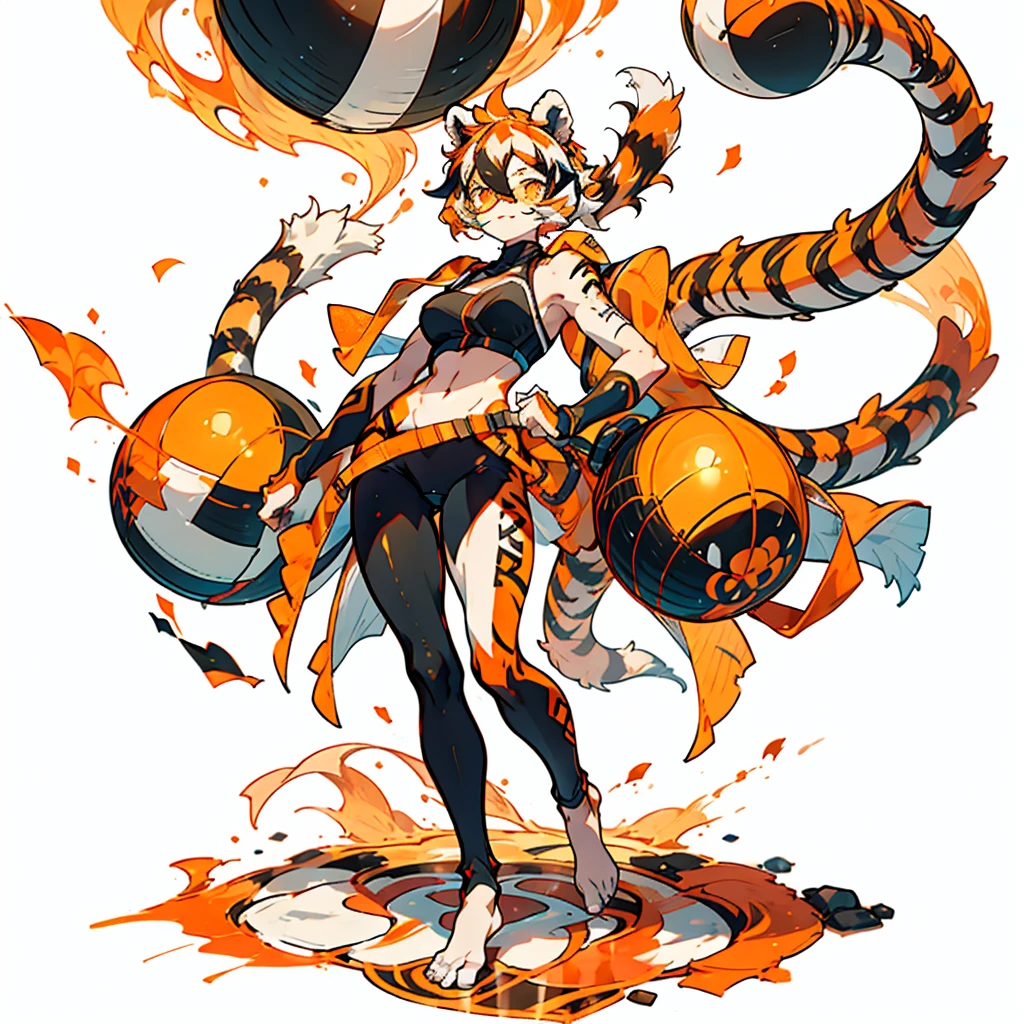 white background, full body, solo, 1girl, Standing Yoga mat, heading up, proud, young girl, animal ears, arknights, white hair, black hair, round eyewear, glasses, OPPEIN, short hair, large breasts, muscle, tail, orange eyes, orange hair, multicolored hair, tiger girl, furry female, hair between eyes, tiger_ears, tiger_tail, waai_fu, orange-tinted_eyewear, tinted_eyewear, Sophorae, ワイフー, waai_fu_arknights, tattoo, petite, neck tattoo, big breasts, stomach tattoo, bra, panties, evil smile, Shadows under feet, Abdominal muscles, nsfw, hentai, Yoga tights, Yoga balls