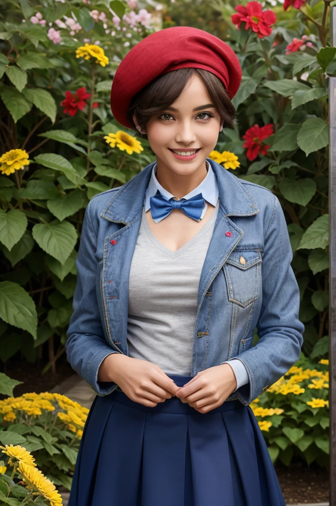 masterpiece, best quality, highres, aakana, short hair, beret, red eyes, blue headwear, red bowtie, collared shirt, blue jacket, open jacket, long sleeves, grey skirt,
grin, peeking out upper body garden, yellow flower
