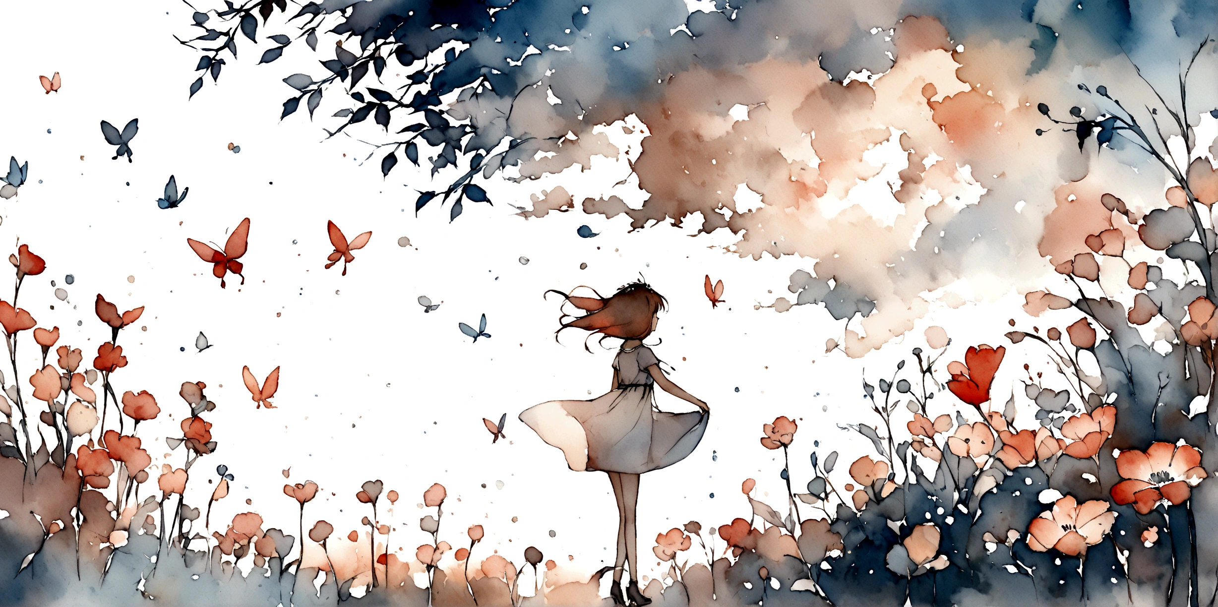 Butterflies flutter among the flowers,White background,Watercolor style