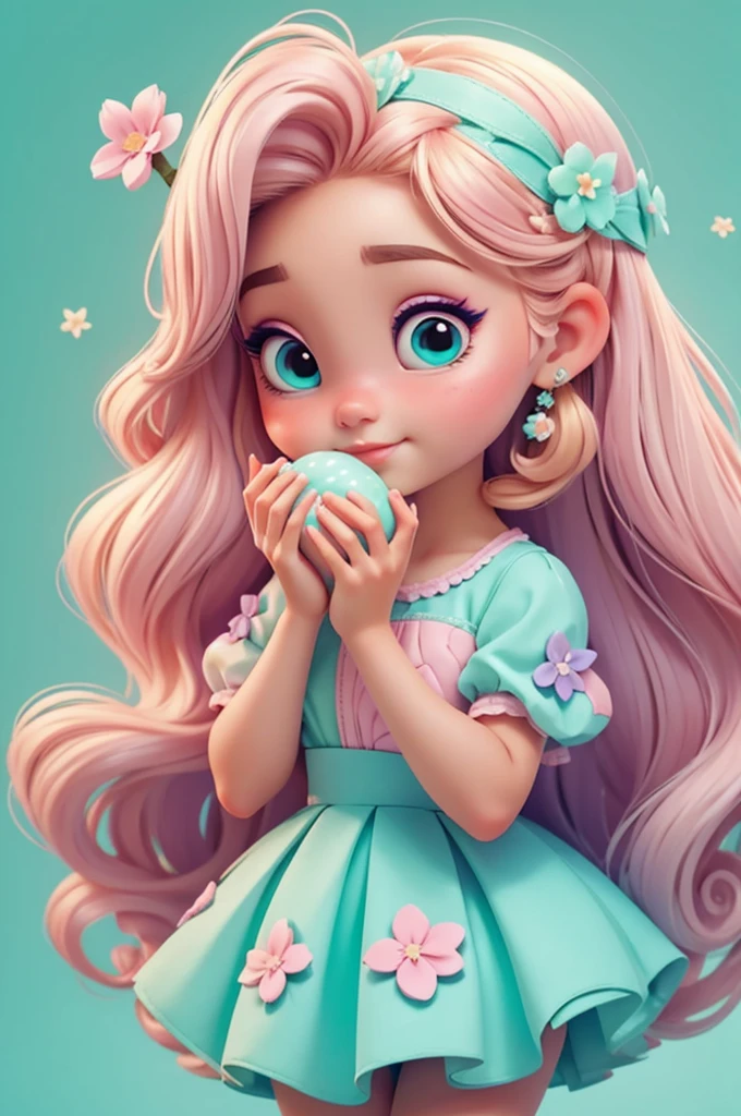 imagem de alta qualidade de uma boneca chibi Ariana Grande: boneca chibi ,illustration,detalhes delicados,Pose encantadora,lovely expression,cores suaves,roupa bonita,cabelos intrincados,beautiful eyes and lips,melhor qualidade,ultra-detalhado,fotorrealista,vivid colors, solid background, profesional lighting, girly accessories, espressiva, headband flowers, blue eyes, ombre hair, long hair, basket of flowers in hands, lovely pose, black eyes, wearing a fairy outfit pastel colors glitter, mint green, pink, and soft purple, exuberant, perfect, centered in the photo with a white background, nitid, fairy vibes, standing, pink flat shoes, vibrant, white background, blonde hair, blonde hair, hair blonde
