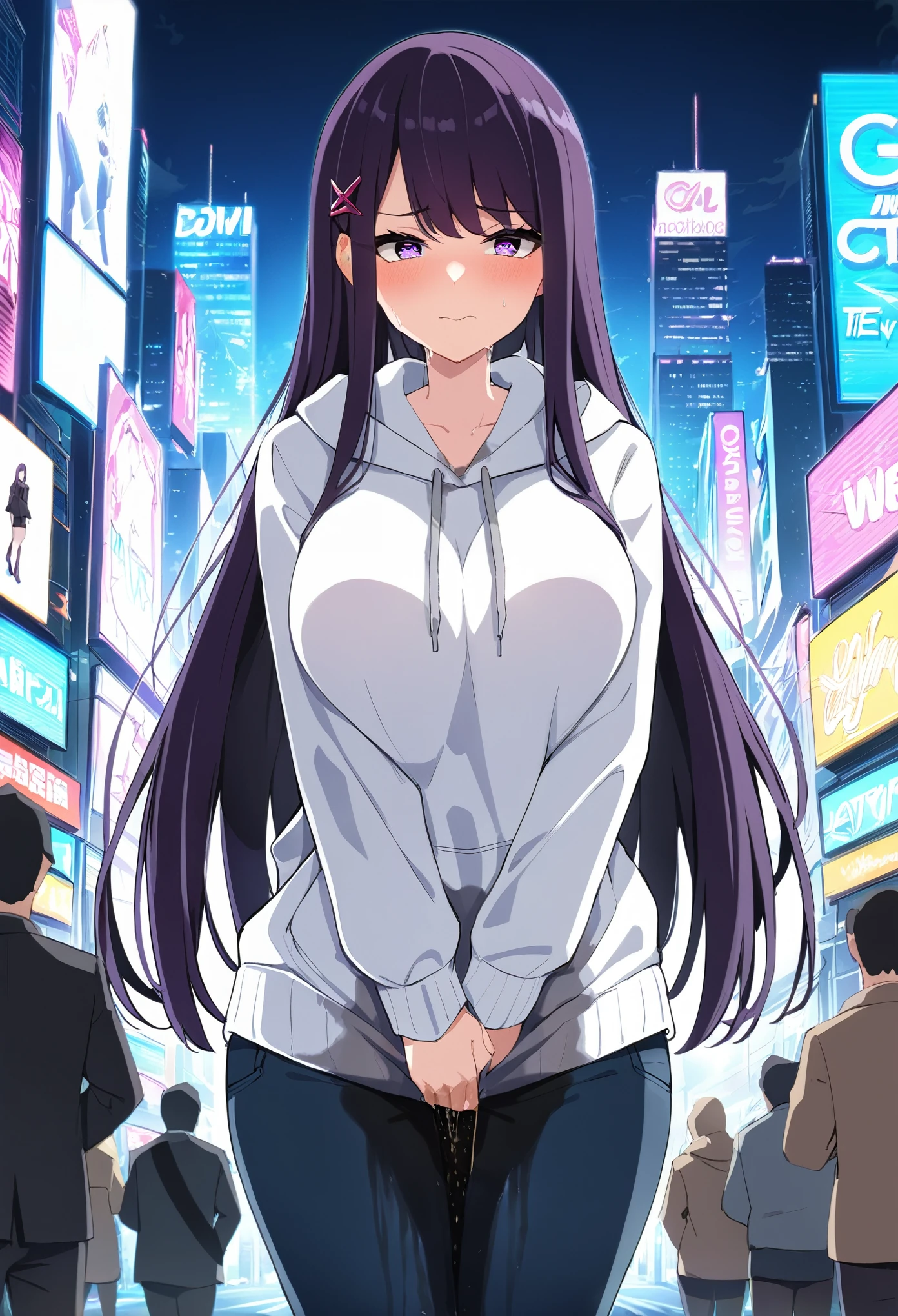 (masterpiece:1.37), best quality, (extremely detailed:1.37), (1girl:1.5), woman, (mature:1.5), (adult:1.5), large breasts, very long hair, (straight hair:1.5), (very dark purple hair:1.5), purple eyes, (extremely detailed eyes:1.37), hoodie, jeans, desperation, (wetting self:1.5), standing, embarrassed, humiliation, blushing, angry, city, futuristic, neon lighting, high-tech, street, skyscraper