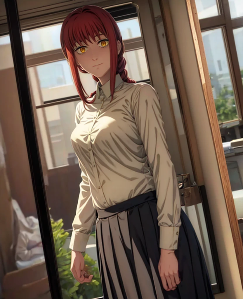 (Makima from chainsaw man) she's wearing a black heels and she's wearing dark brown tights and she's wearing a light gray pleated skirt and she's wearing a white collared shirt and she's wearing a navy blue blazer and she has long red hair and yellow eyes and she has a baby bump and she's giving birth while standing on a train and she's starting to push and she can feel the baby's head is starting to crown.