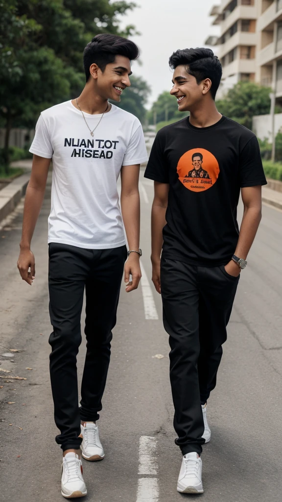 18 years old two indian boys walking on road, they are talking each other with laughing, first boy is wearing Orange T-shirt, with black pant, with name “Ahad” and second boy wearing Black T-shirt with black pant on which Name “Samad” is written, realistic image, 4k quality image. the words best friends written at top sky , make sure name should be visible